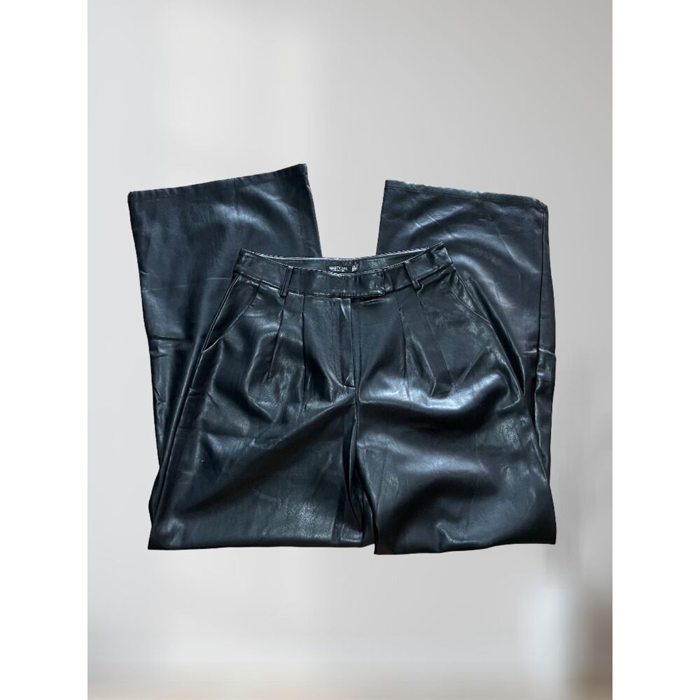 Nasty Gal Black Faux Leather Pleated Wide Leg Pants High Waisted Trousers Size 8